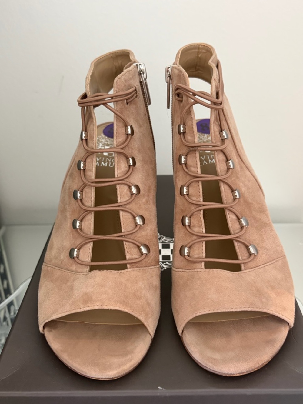 Vince Camuto Blush Suede Lace-Up Peep Toe Heels